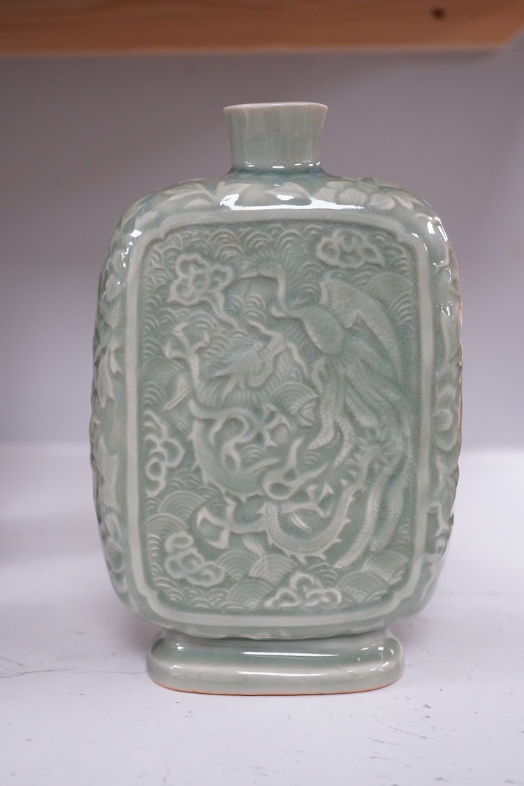 A Japanese celadon glazed flask, 19.5cm high.